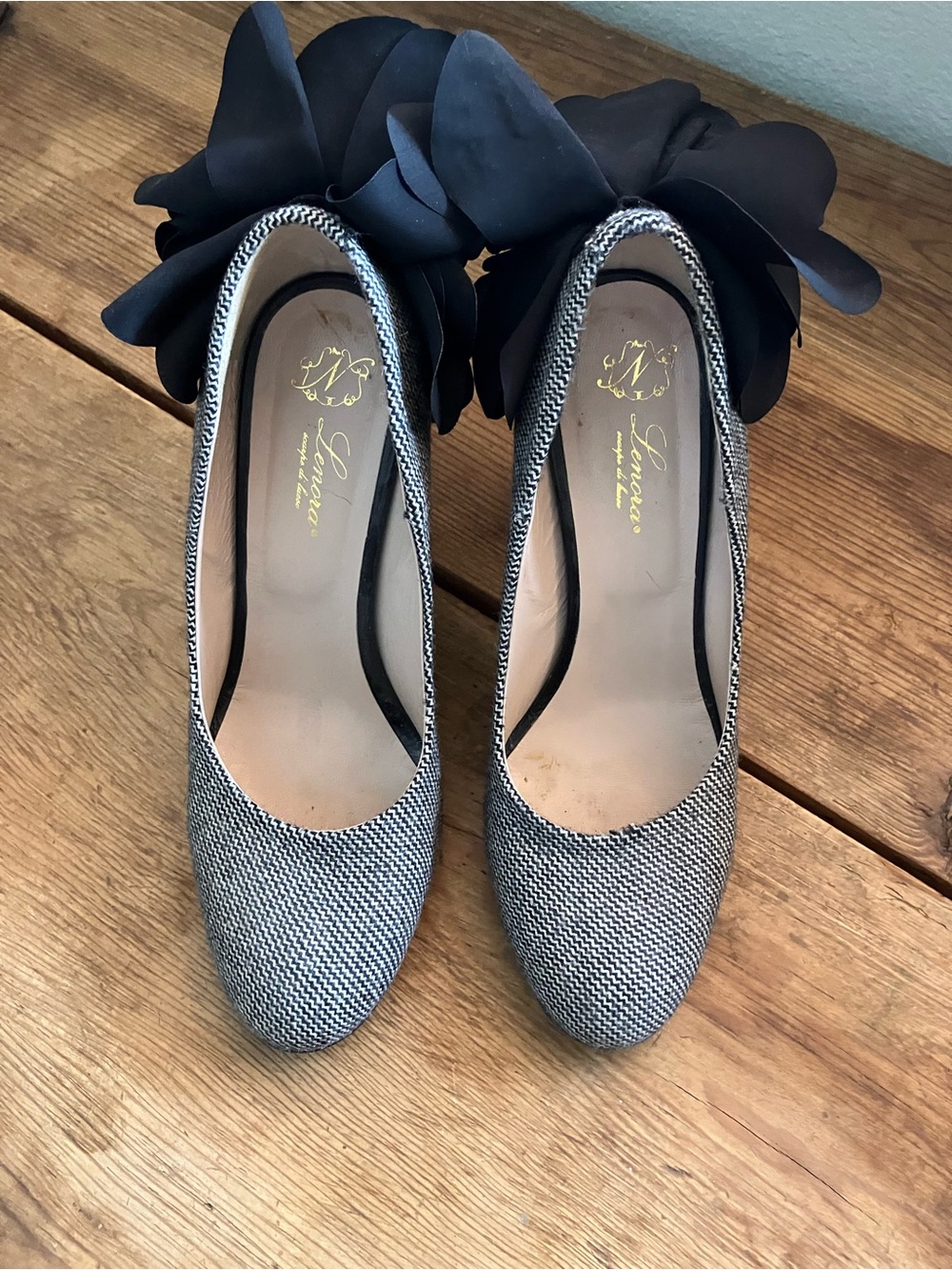 Black & White Tweed Block Heel Pumps with Floral Heel Accent - Picture 2 of 11